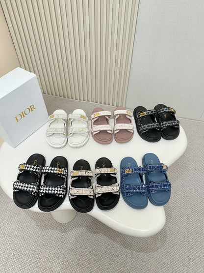 DIOR CLASSIC DOUBLE-STRAP SLIDES 25S IN WHITE MIX BLACK TWEED AND CALFSKIN