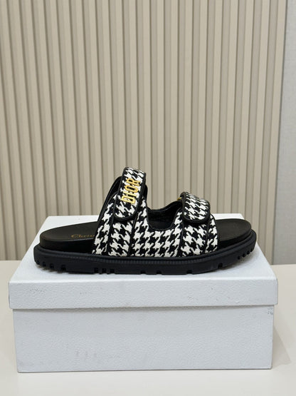 DIOR CLASSIC DOUBLE-STRAP SLIDES 25S IN WHITE MIX BLACK TWEED AND CALFSKIN