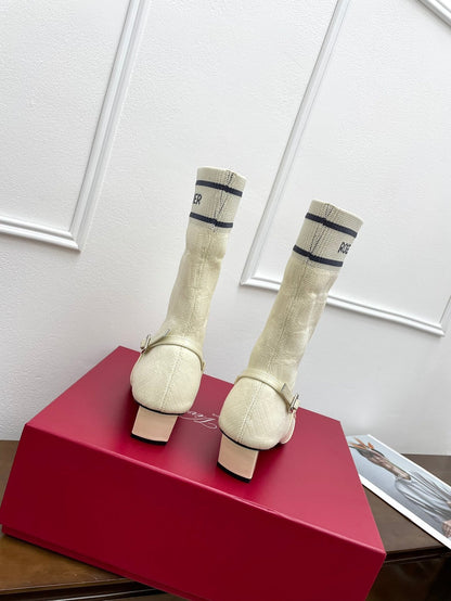 BELLE VIVIER SOCK LACQUERED BUCKLE ANKLE BOOTS IN OFF WHITE CALFSKIN AND TECHNICAL FABRIC