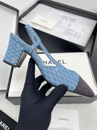 CC SLINGBACK 25S 65 MM IN BLUE DENIM WITH PLAID PATTERN