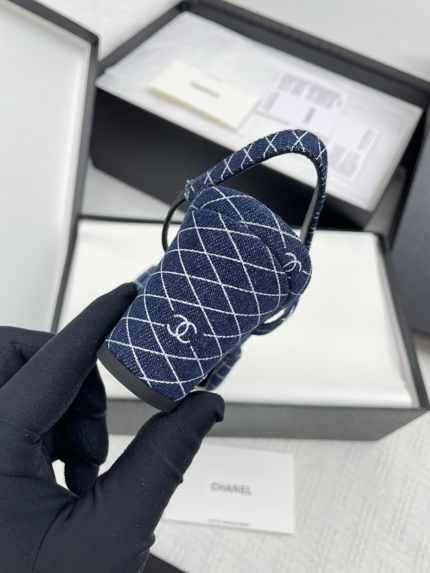 CC SLINGBACK 25S 65 MM IN NAVY BLUE DENIM WITH PLAID PATTERN