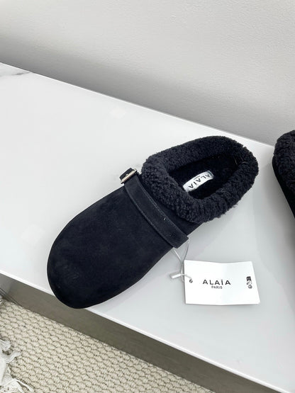 ALAIA 26S MULE IN BLACK SUEDE AND WOOL