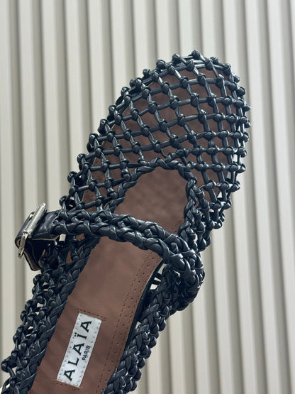 ALAIA MARY JANE FLATS 25S IN BLACK MESH CALSKIN WITH SILVER HARDWARE