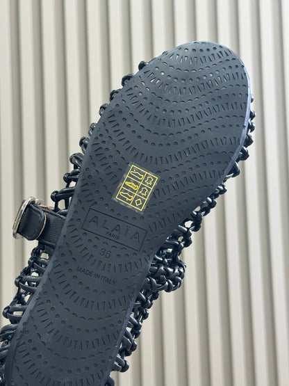 ALAIA MARY JANE FLATS 25S IN BLACK MESH CALSKIN WITH SILVER HARDWARE