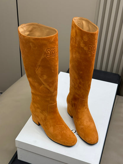 CELINE 26S HIGH-TOP BOOTS IN ORANGE BROWN SUEDE