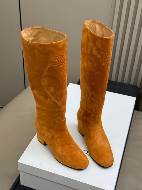 CELINE 26S HIGH-TOP BOOTS IN ORANGE BROWN SUEDE