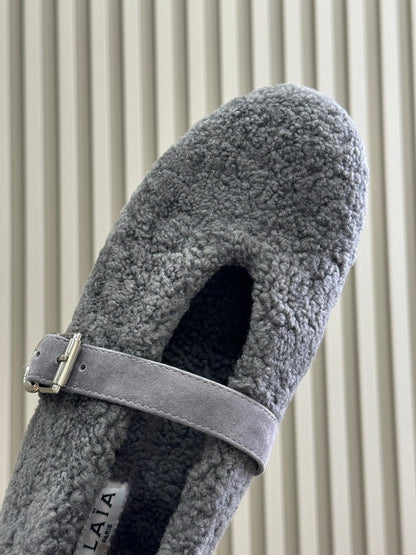 ALAIA 25S COZY MARY JANE SHEARLING FLATS IN DARK GRAY
