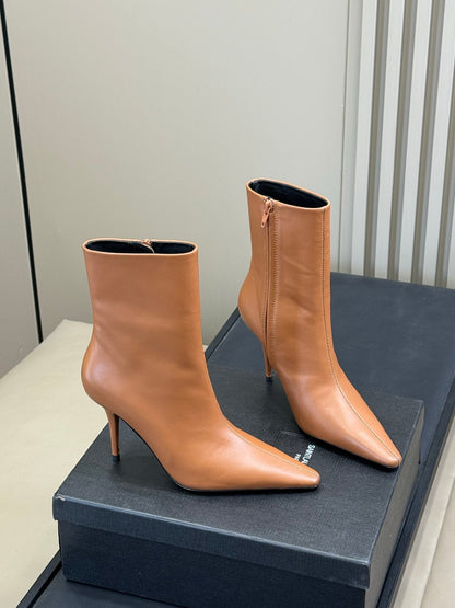 YSL 26S ZIPPERED HEELED BOOTS IN ORANGE BROWN CALFSKIN