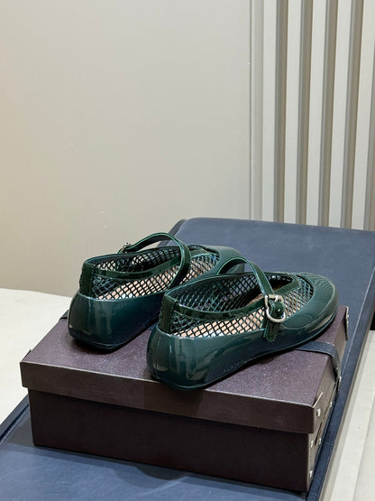 ALAIA 26S MARY JANE BALLET FLATS IN DARK GREEN MESH AND GLOSSY CALFSKIN