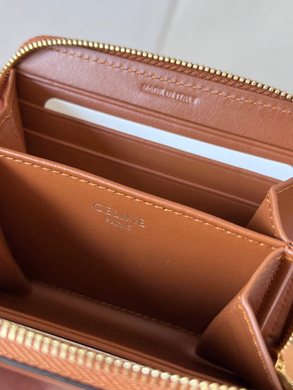 CELINE 25S TRIOMPHE COMPACT ZIPPED WALLET 11 IN BROWN CALFSKIN GOLD HARDWARE