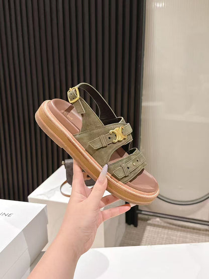 CELINE 25S TIPPI TRIOMPHE SANDAL IN DARK OLIVE CALFSKIN SUEDE