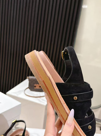 CELINE 25S TIPPI TRIOMPHE SANDAL IN BLACK CALFSKIN SUEDE