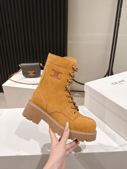 CELINE 25S HIGH HEELED LACE UP BOOTS 50MM IN DARK ORANGE SUEDE