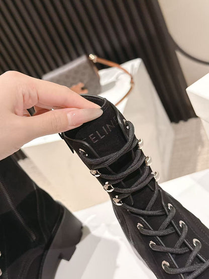 CELINE 25S HIGH HEELED LACE UP BOOTS 50MM IN BLACK SUEDE
