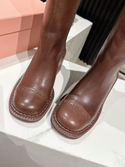 MIUMIU 26S HIGH-ANKLE BOOTS 50MM IN BROWN GLOSSY CALFSKIN