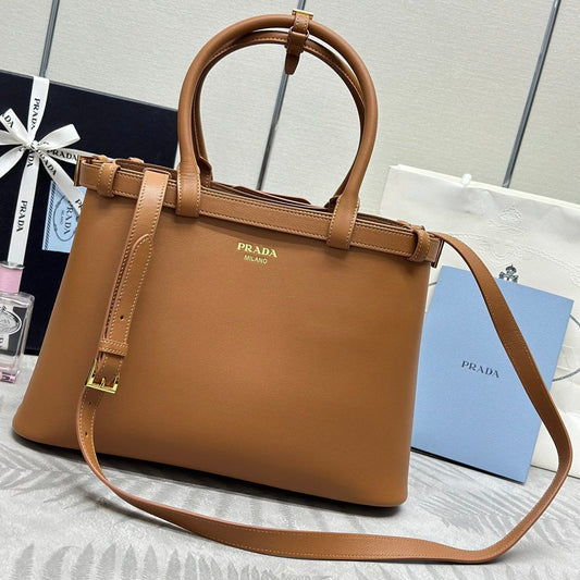 PRADA 25S BUCKLE MEDIUM HANDBAG 35 IN DARK CARAMEL CALFSKIN GOLD HARDWARE