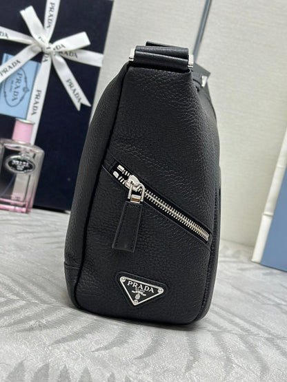 PRADA 25S SHOULDER STRAP BAG 26 IN BLACK CALFSKIN SILVER HARDWRE
