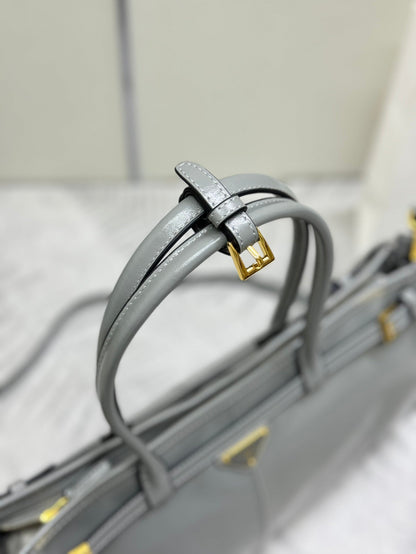 PRADA 25S BONNIE LARGE HANDBAG 38 IN GRAY GLOSSY CALFSKIN GOLD HARDWARE