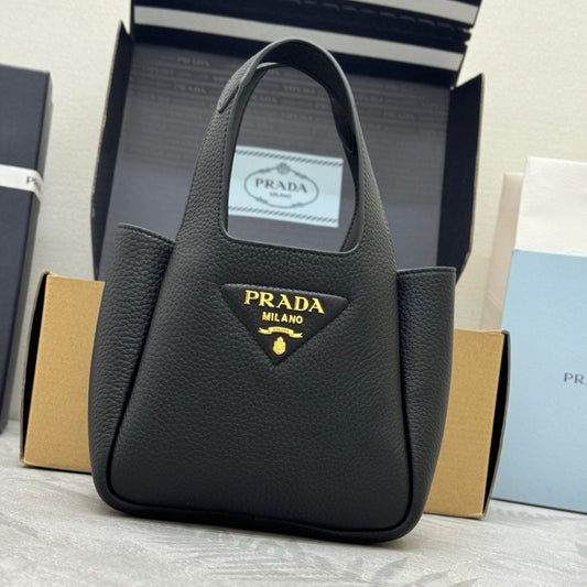 PRADA 25S TOTE MINI BAG 18 IN BLACK CALFSKIN GOLD HARDWARE