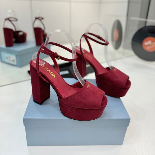 PRADA 26S HEELED SANDALS 115MM IN BURGUNDY RED SUEDE