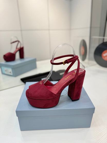 PRADA 26S HEELED SANDALS 115MM IN BURGUNDY RED SUEDE