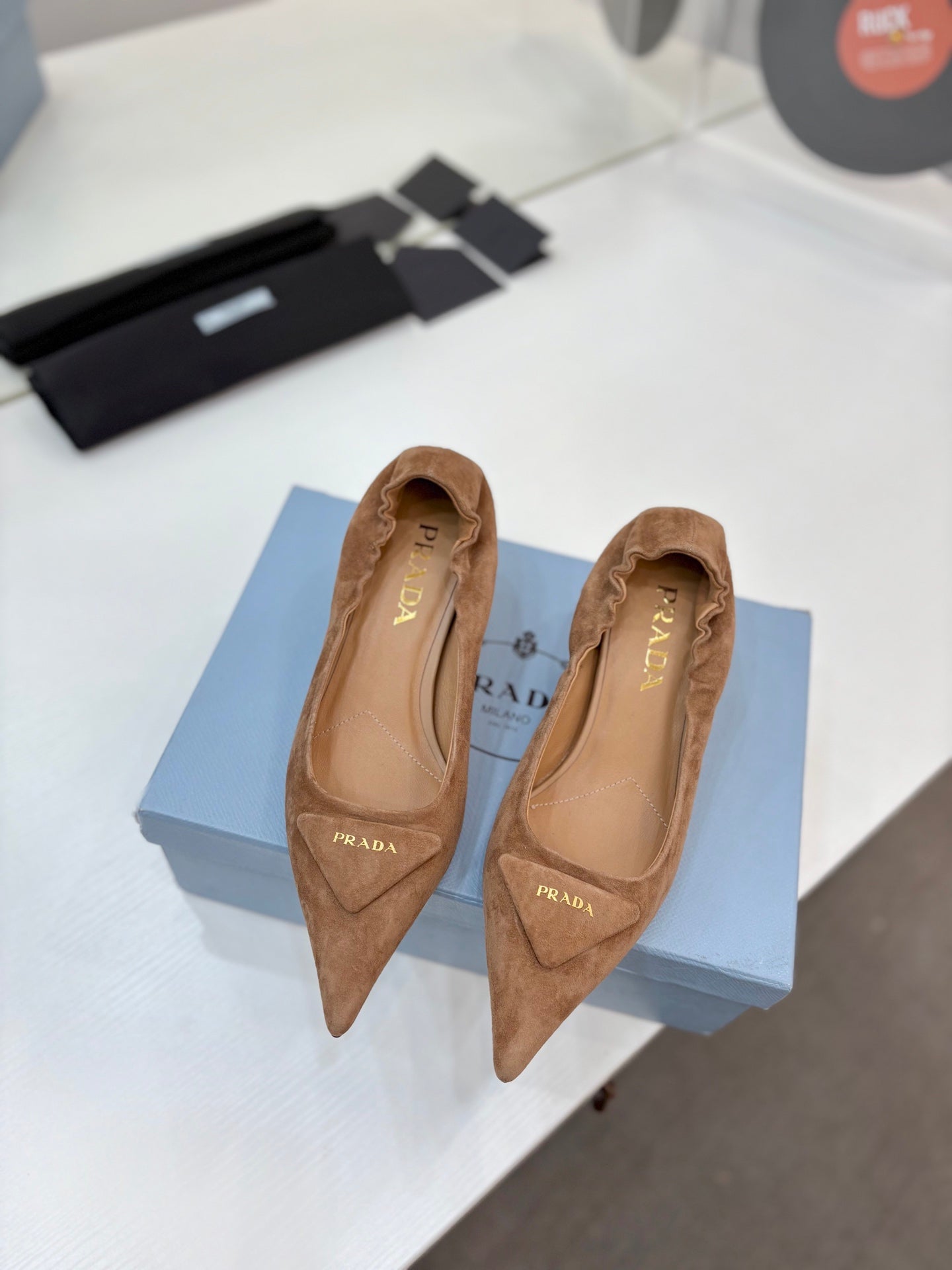 PRADA 26S PUMPS 55MM IN CARAMEL BROWN SUEDE WITH LOGO