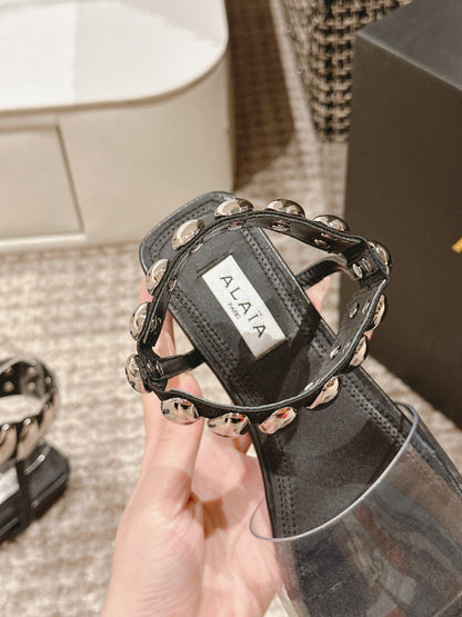ALAIA SANDAL IN BLACK CALFSKN AND FILM WITH CRYSTAL