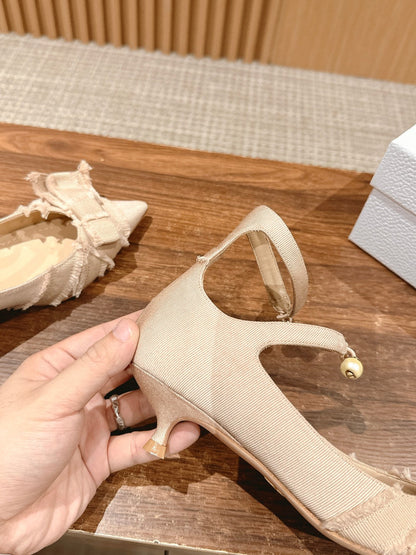 DIOR ADIORABLE HIGH HEEL 25S IN LIGHT BEIGE FABRIC WITH PEARL DETAILING