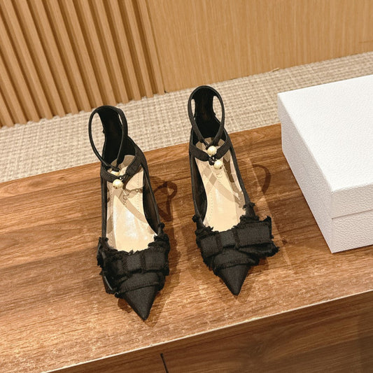 DIOR ADIORABLE HIGH HEEL 25S IN BLACK FABRIC WITH PEARL DETAILING