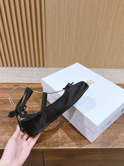 DIOR CLASSIC LACE-UP BALLET FLATS 25S IN BLACK SATIN PEARL DETAILING