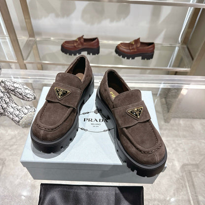 PRADA 25S THICK-SOLE LOAFERS 60 MM IN DARK BROWN SUEDE
