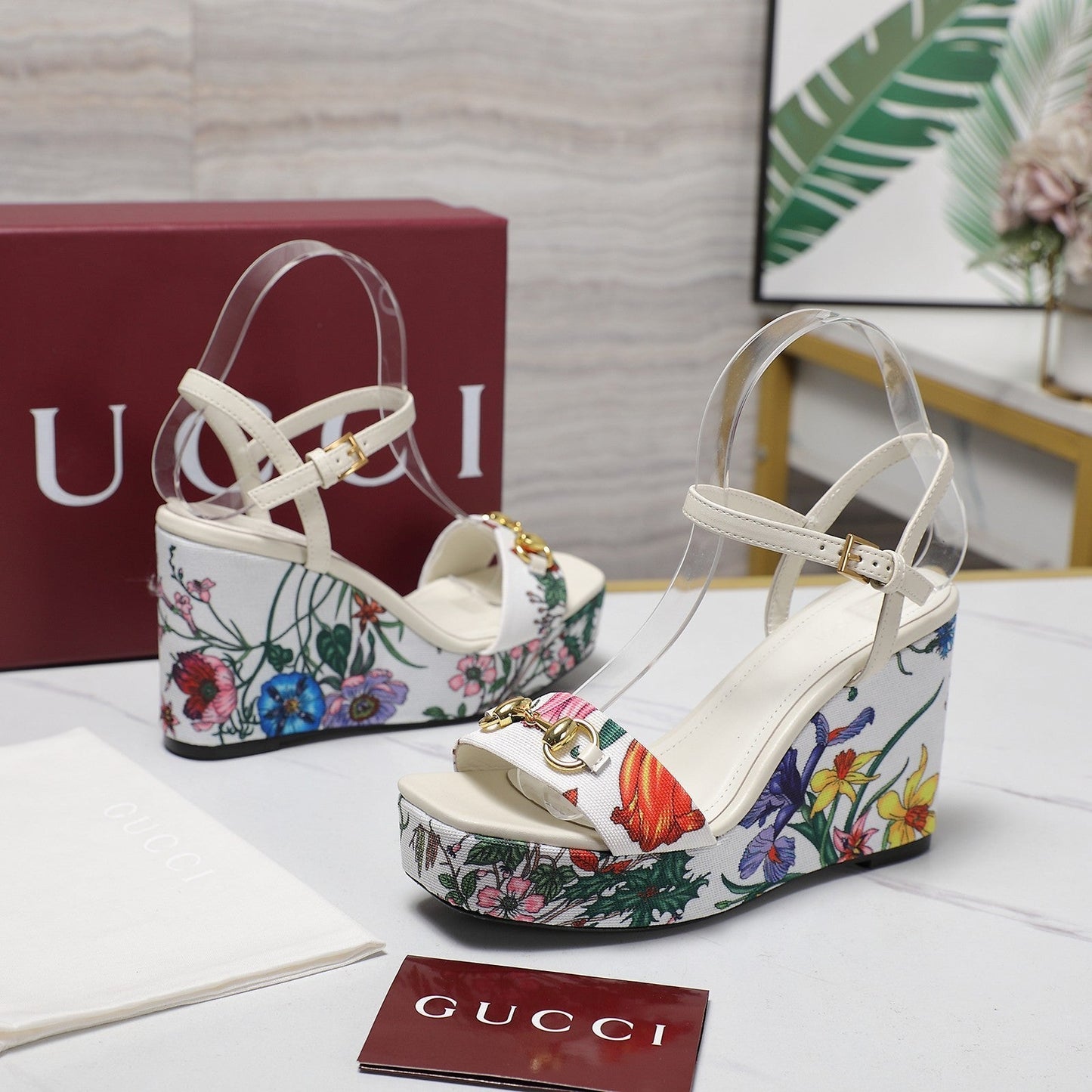 GG WEDGE HEEL SANDALS 100 IN WHITE FABRIC FLORAL PRINT