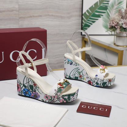 GG WEDGE HEEL SANDALS 100 IN WHITE FABRIC FLORAL PRINT
