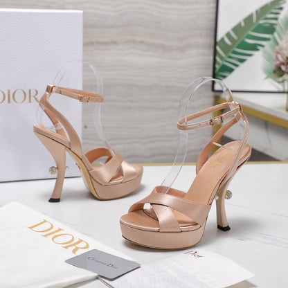 DIOR PEARL-EMBELLISHED HIGH HEEL SANDALS 25S 115 MM IN BEIGE SATIN