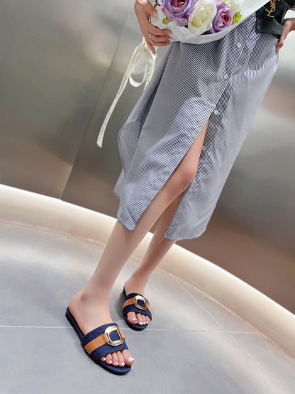 CHLOÉ SLIDE MULE IN NAVY BLUE DENIM AND BROWN CALFSKIN GOLD HARDWARE