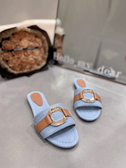 CHLOÉ SLIDE MULE IN LIGHT BLUE DENIM AND BROWN CALFSKIN GOLD HARDWARE