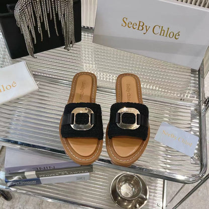 WOVEN SLIDE MULE IN BLACK WOOL AND BROWN LAMBSKIN GOLD HARDWARE