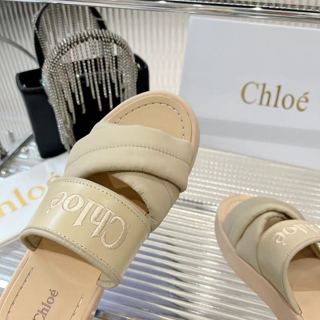 MILA FLAT SLIDES 5 CM IN BEIGE EICRU CALFSKIN AND RE-NYLON