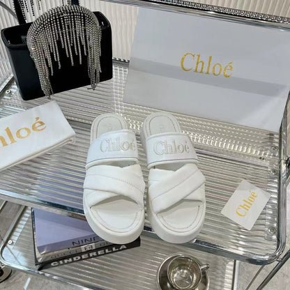 MILA FLAT SLIDES 5 CM IN WHITE CALFSKIN AND RE-NYLON