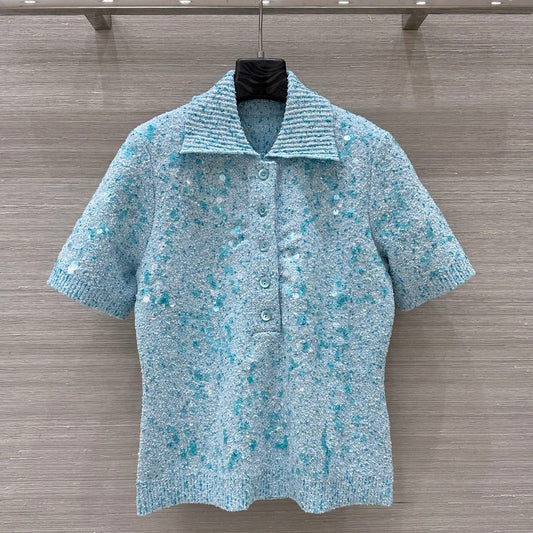 Gucci Knitted Polo Short-sleeved Top Blue Wool