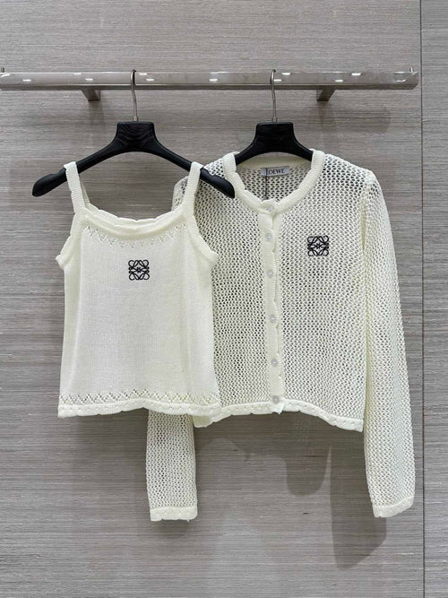 Loewe 25 Mesh Hollow Knitted Cardigan Ivory Wool