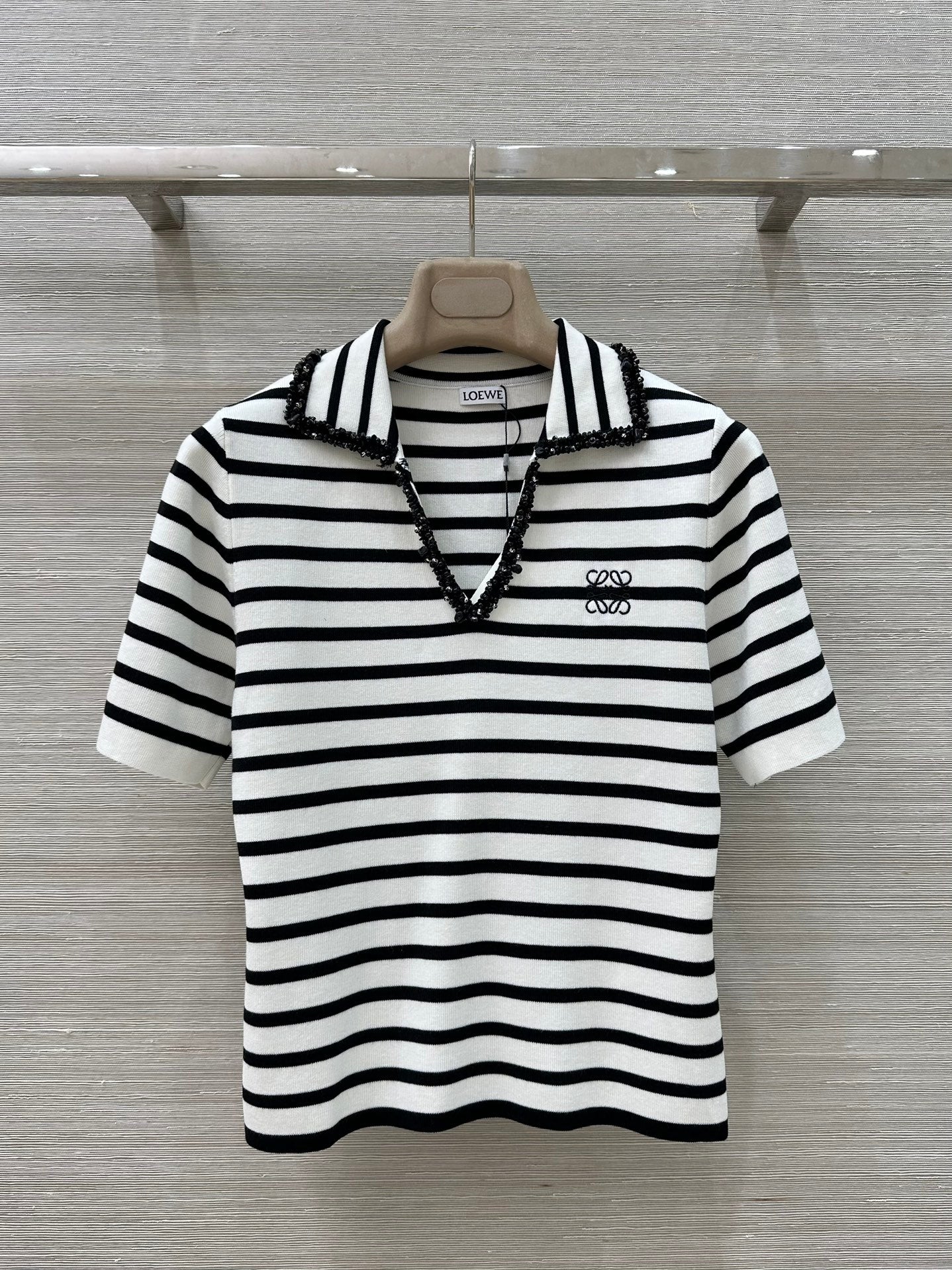 Loewe 25 Striped Knitted Polo Short-sleeved Top White Tencel