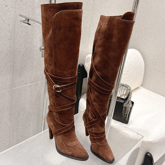 YSL 26S JANIS KNEE-HIGH BOOTS 90 MM IN BROWN SUEDE