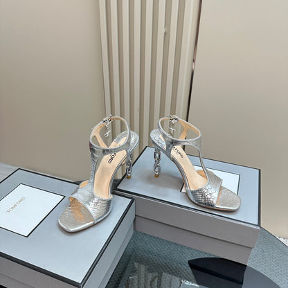 PADLOCK HIGH-HEELED SANDAL 10 CM IN SILVER SNAKESKIN