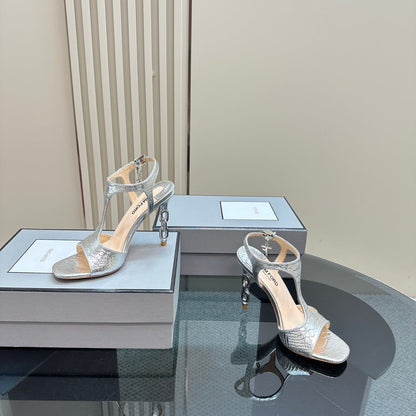 PADLOCK HIGH-HEELED SANDAL 10 CM IN SILVER SNAKESKIN