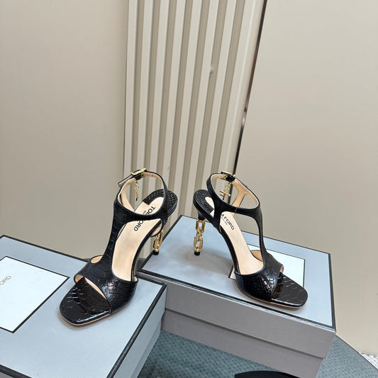 PADLOCK HIGH-HEELED SANDAL 10 CM IN BLACK SNAKESKIN