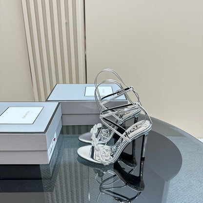 HIGH-HEELED 10 CM SANDAL IN SILVER LAMBSKIN
