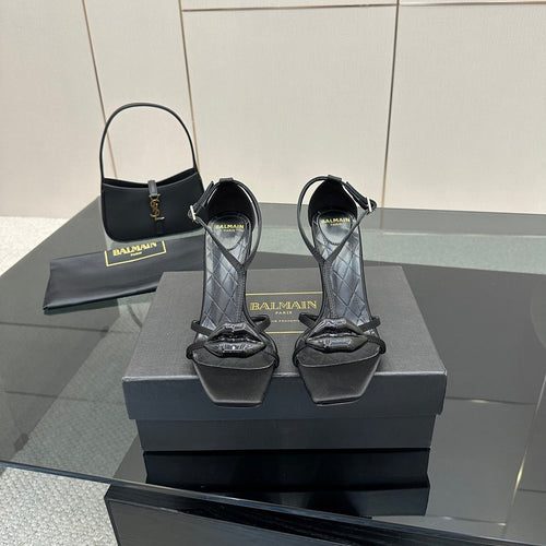 BALMAIN 25S LIPS SANDALS 10 IN BLACK SATIN