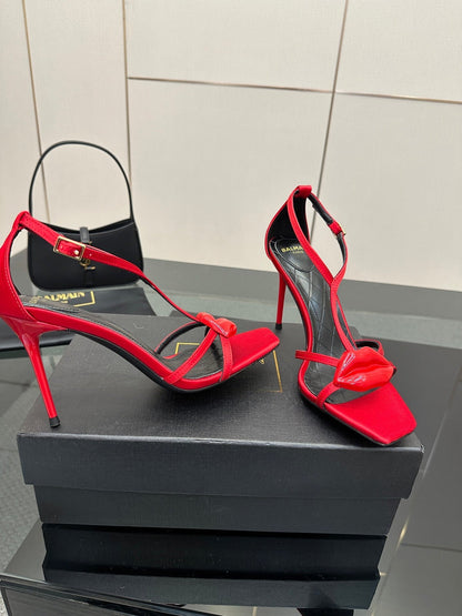 BALMAIN 25S LIPS SANDALS 10 IN CRIMSON RED SATIN