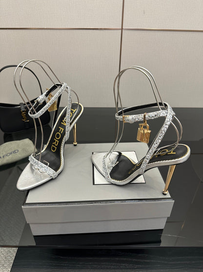 TOM FORD 26S HEELED SANDALS 100 MM IN SILVER CALFSKIN